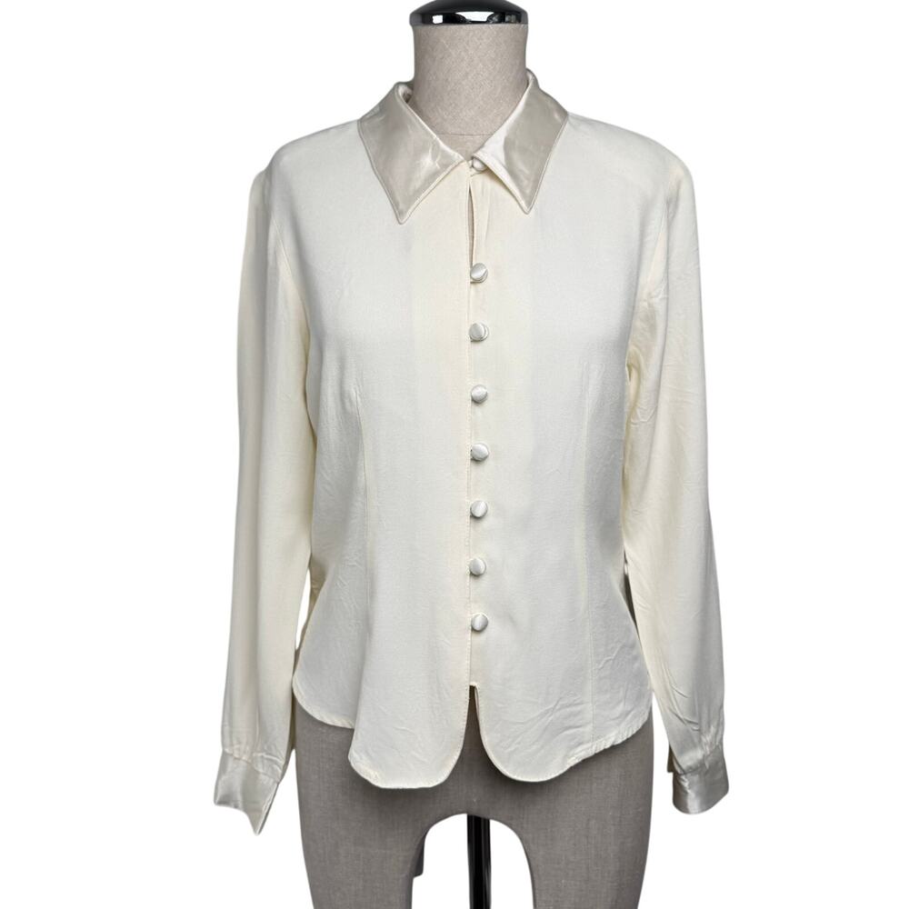 American Vintage 80s 90s Ivory Button Front Blouse Size 8 Notations USA Made